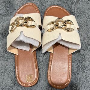Chic Cream Slide Sandals with Gold Accents